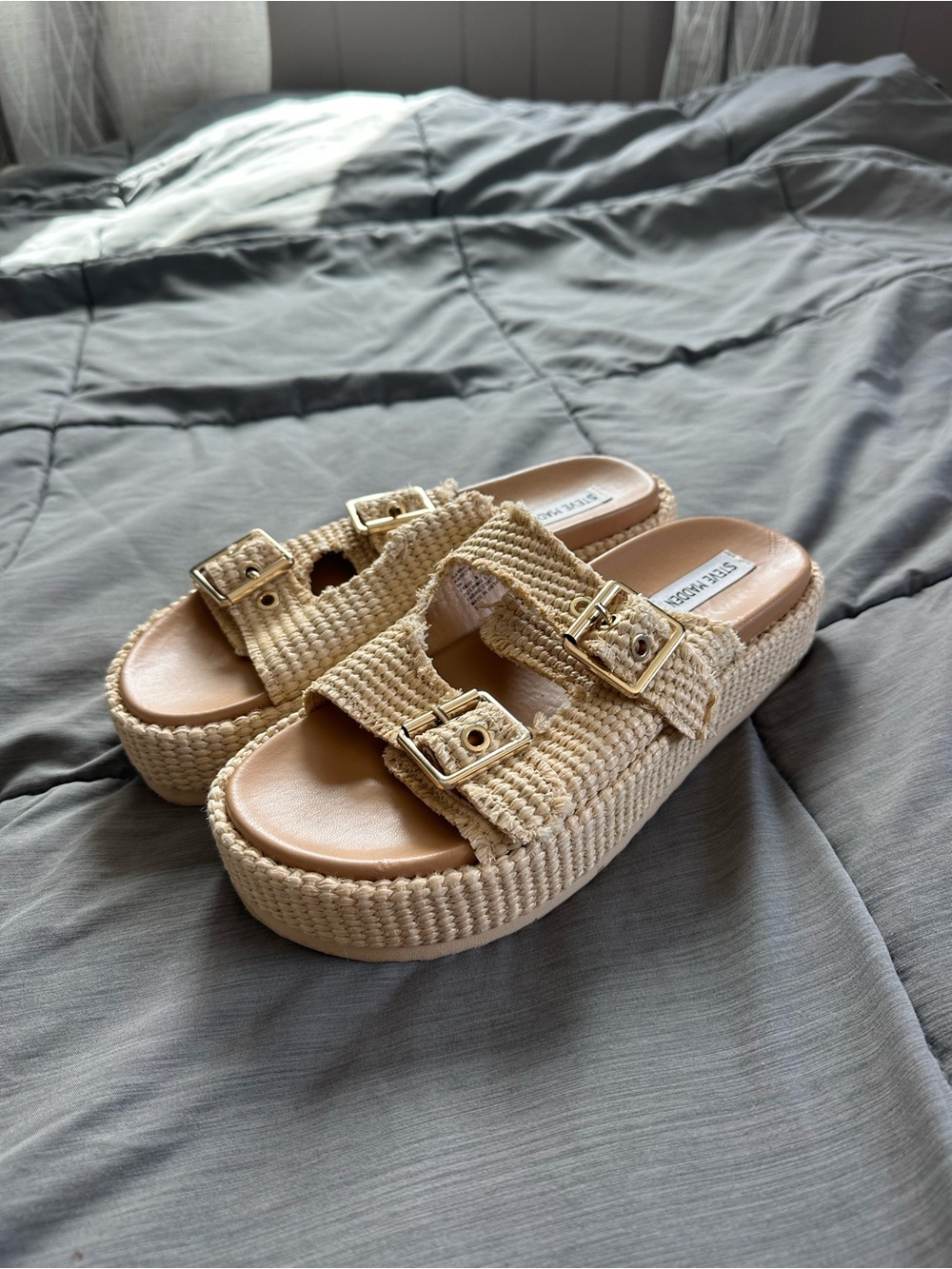 Steve Madden Beige Woven Platform Slide Sandals with Gold Buckles